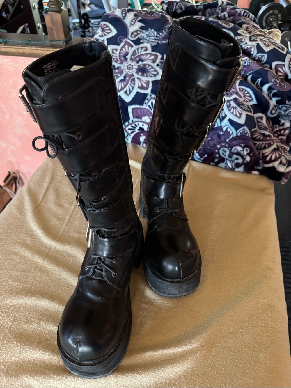 Women's Black Tall Lace-Up Moto Boots with Buckle Straps